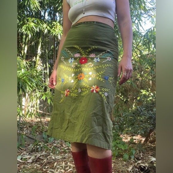 Vintage Free People Cotton Embroidered Green Midi Skirt - Picture 1 of 6